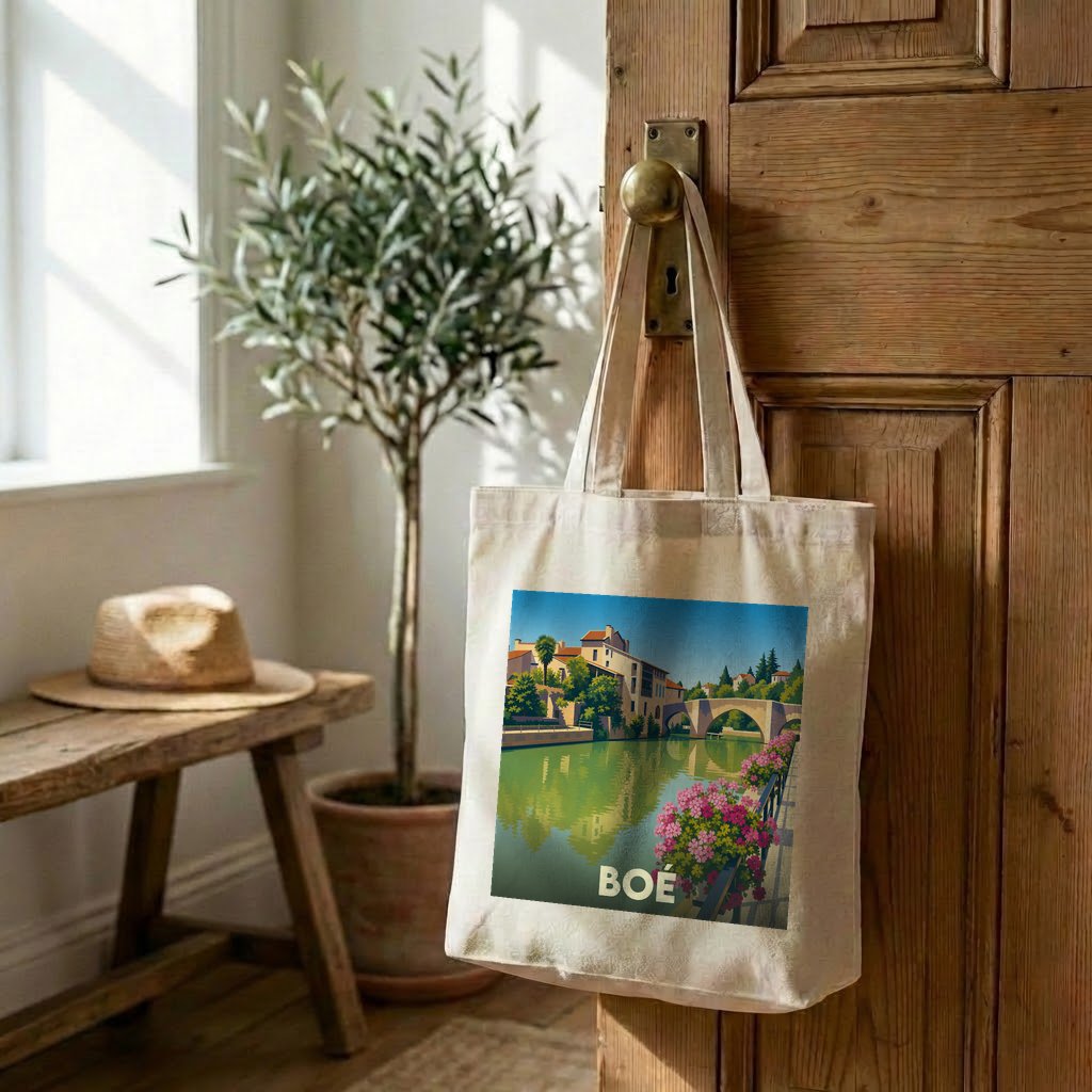 Tote bag souvenir de la ville de Boé avec une illustration stylisée d'un pont et de fleurs au bord de l'eau.