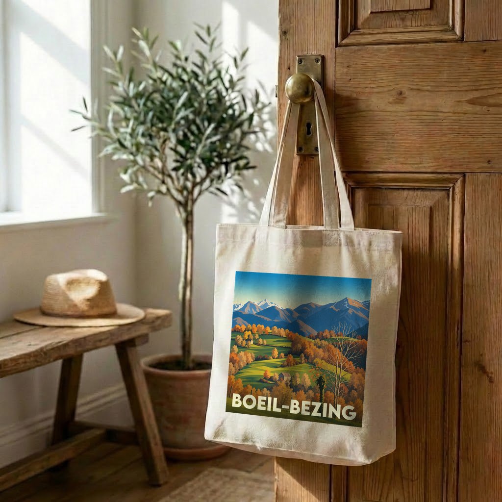 Tote bag souvenir de la ville de Boeil-Bezing avec une illustration de paysage montagneux automnal.