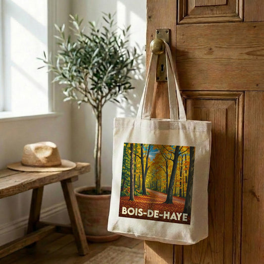 Tote bag souvenir de la ville de Bois-de-Haye avec une illustration automnale stylisée.
