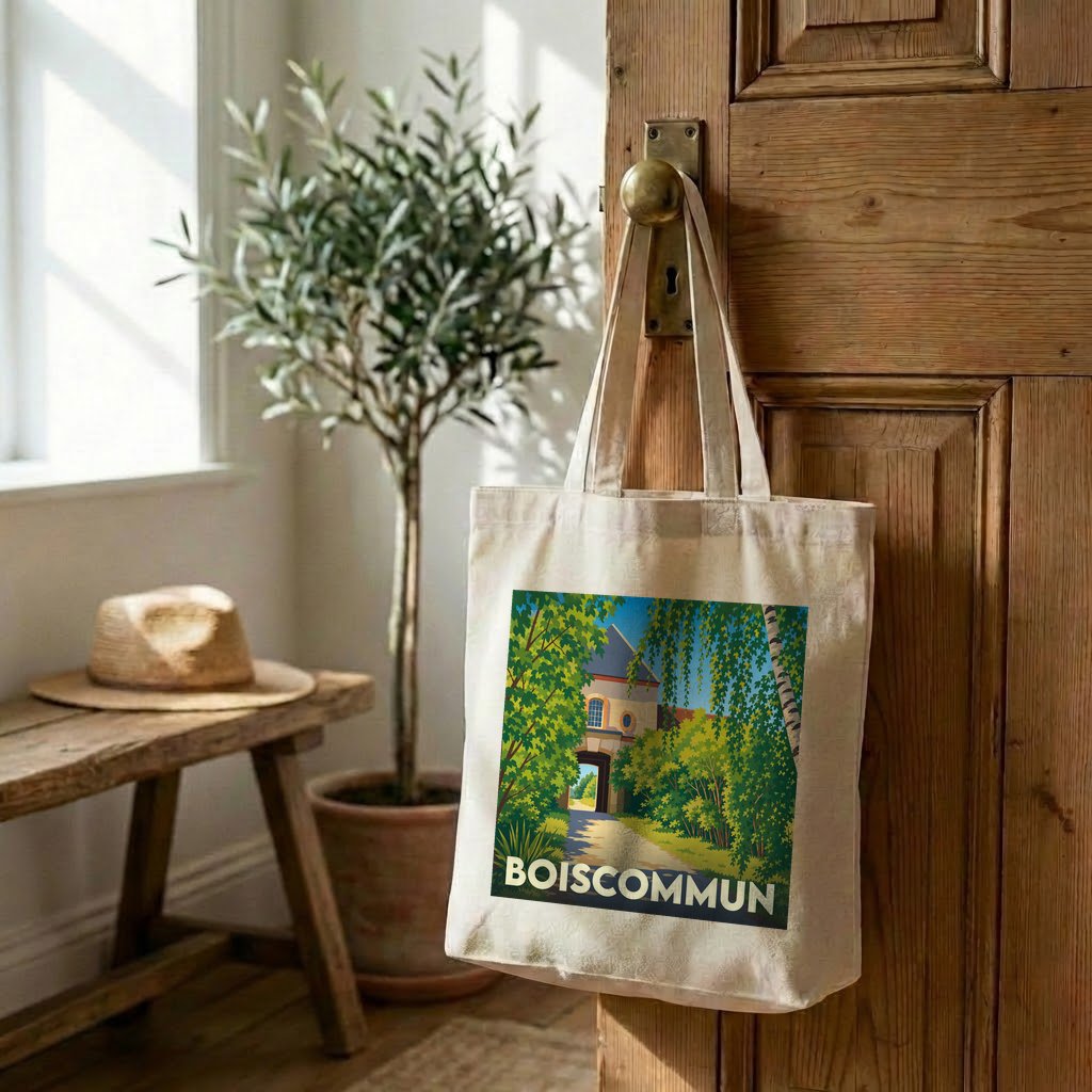 Tote bag souvenir de la ville de Boiscommun avec une illustration stylisée.