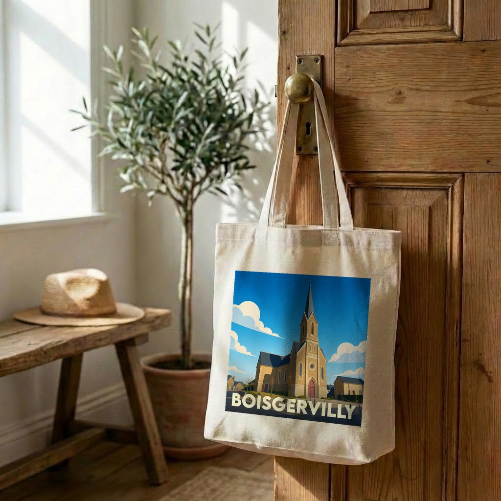Tote bag souvenir de la ville de Boisgervilly avec une illustration stylisée de son église.