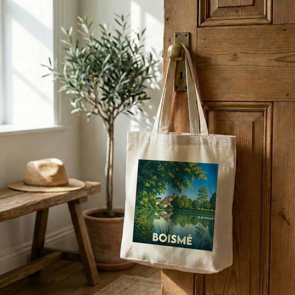 Tote bag souvenir de la ville de Boismé avec une illustration stylisée d'un paysage naturel.