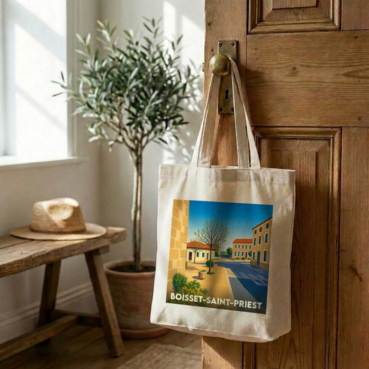 Tote bag souvenir de la ville de Boisset-Saint-Priest avec une illustration stylisée.