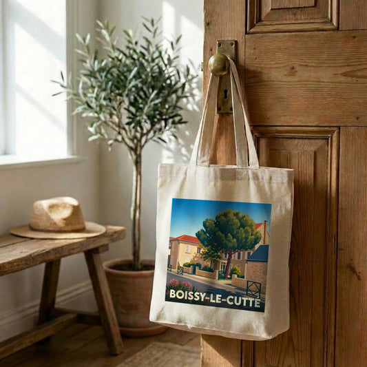 Tote bag souvenir de la ville de Boissy-le-Cutté avec une illustration stylisée.