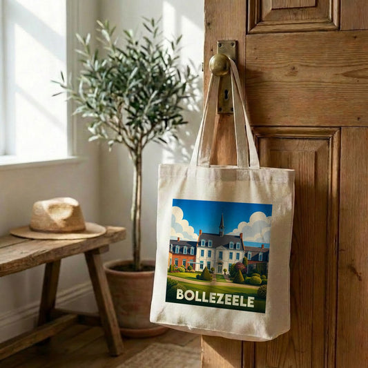 Tote bag souvenir de la ville de Bollezeele avec une illustration colorée et stylisée.