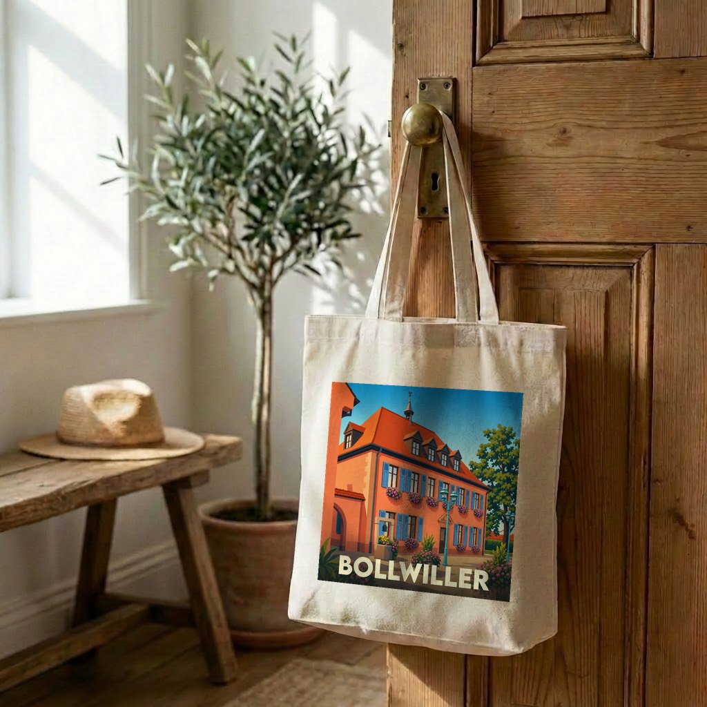 Tote bag souvenir de la ville de Bollwiller avec une illustration stylisée.