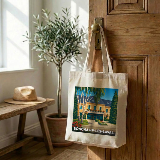 Tote bag souvenir de la ville de Bonchamp-lès-Laval avec une illustration stylisée.