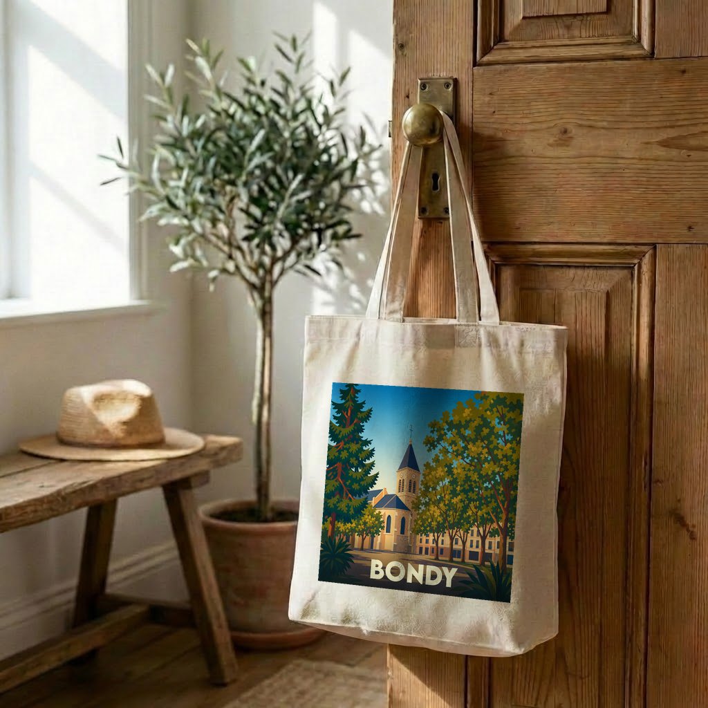 Tote bag souvenir de la ville de Bondy avec une illustration stylisée d'une église entourée de verdure.