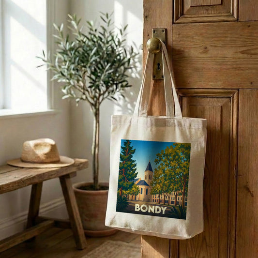 Tote bag souvenir de la ville de Bondy avec une illustration stylisée d'une église entourée de verdure.