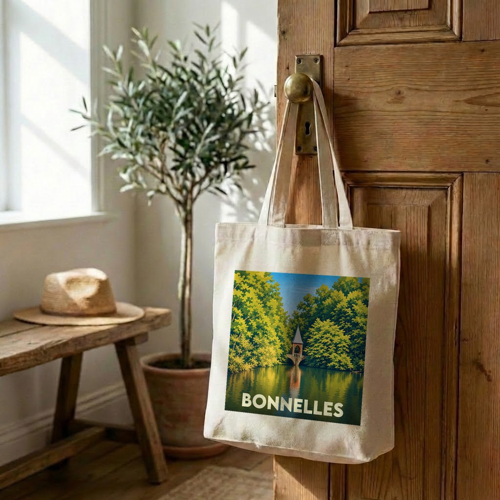 Tote bag souvenir de la ville de Bonnelles avec une illustration stylisée d'un paysage arboré au bord de l'eau.