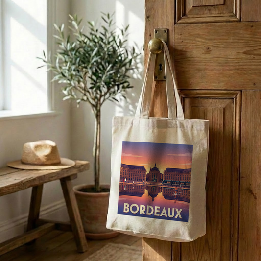 Tote bag souvenir de la ville de Bordeaux avec une illustration stylisée.