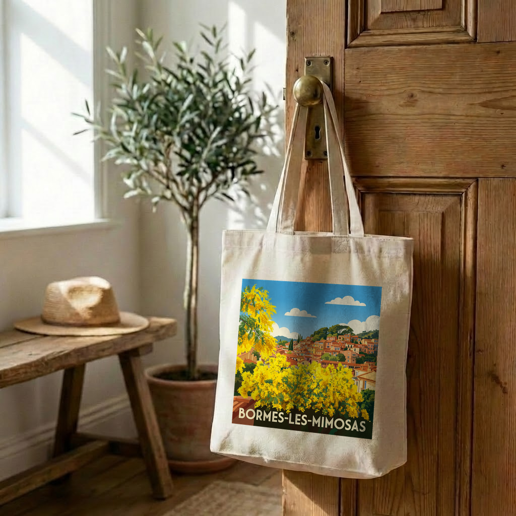 Tote bag souvenir de la ville de Bormes-les-Mimosas avec une illustration stylisée de mimosas en fleurs.