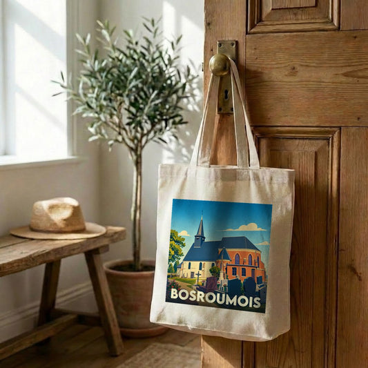 Tote bag souvenir de la ville de Bosroumois avec une illustration stylisée d'une église.
