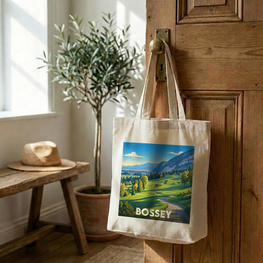Tote bag souvenir de la ville de Bossey avec une illustration stylisée d'un paysage de golf.