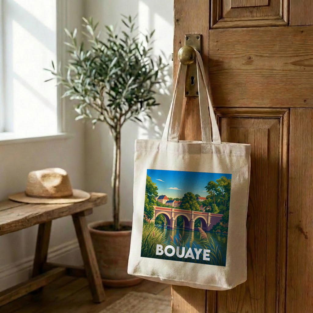Tote bag souvenir de la ville de Bouaye avec une illustration stylisée d'un pont.