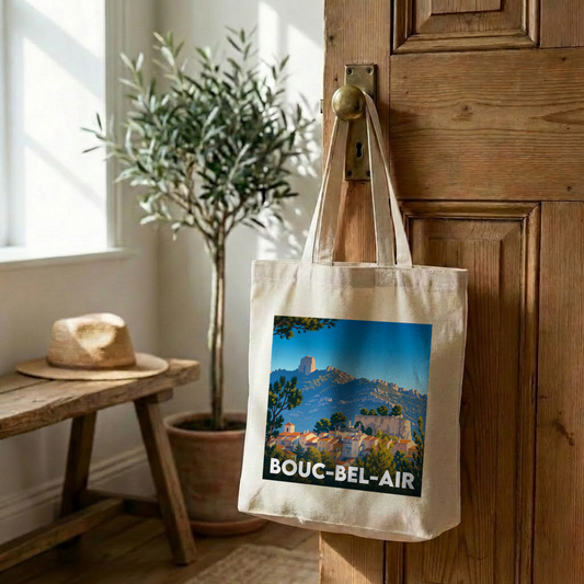 Tote bag souvenir de la ville de Bouc-Bel-Air avec une illustration stylisée.