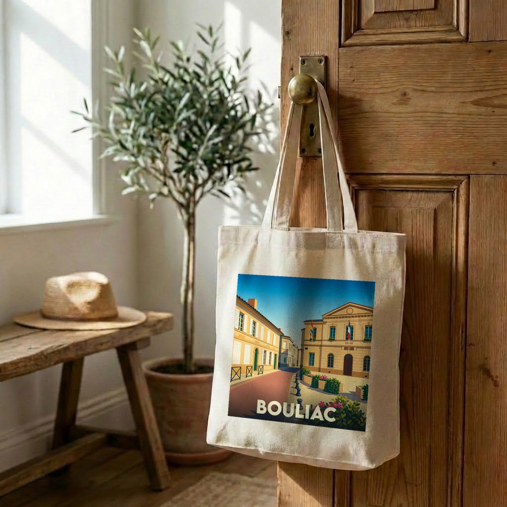 Tote bag souvenir de la ville de Bouliac avec une illustration stylisée.