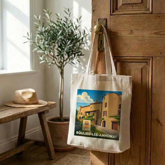 Tote bag souvenir de Boulieu-lès-Annonay avec une illustration stylisée du village.