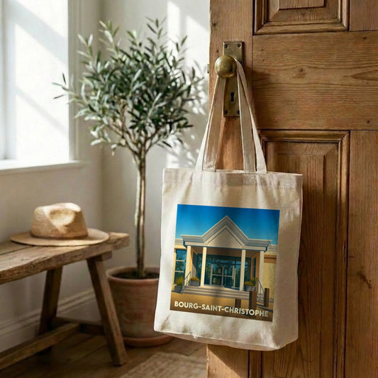 Tote bag souvenir de la ville de Bourg-Saint-Christophe avec une illustration stylisée.