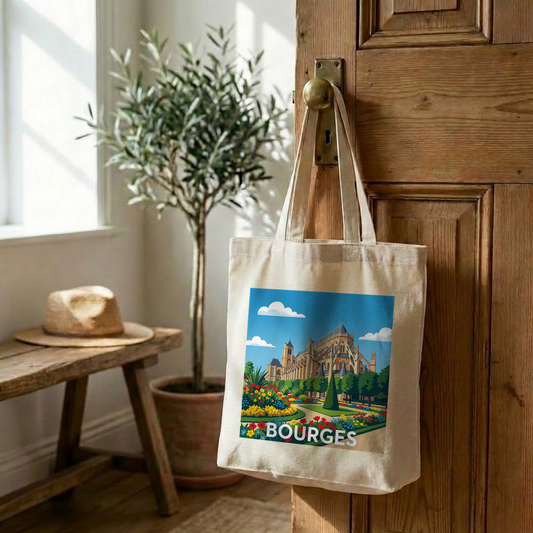 Tote bag souvenir de la ville de Bourges avec une illustration stylisée de sa cathédrale.