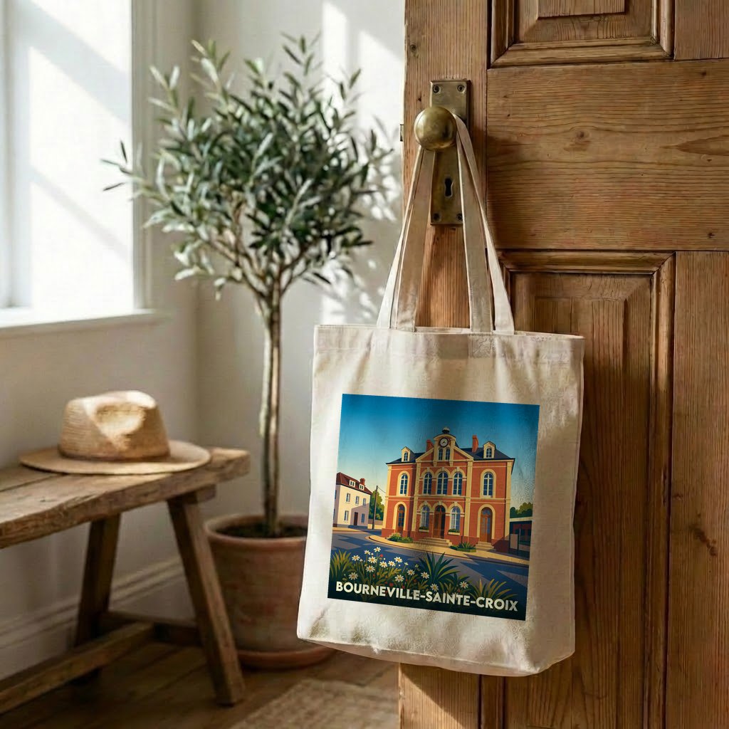 Tote bag souvenir de la ville de Bourneville-Sainte-Croix avec une illustration stylisée.