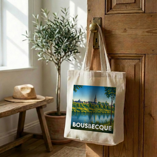 Tote bag souvenir de la ville de Bousbecque avec une illustration stylisée.