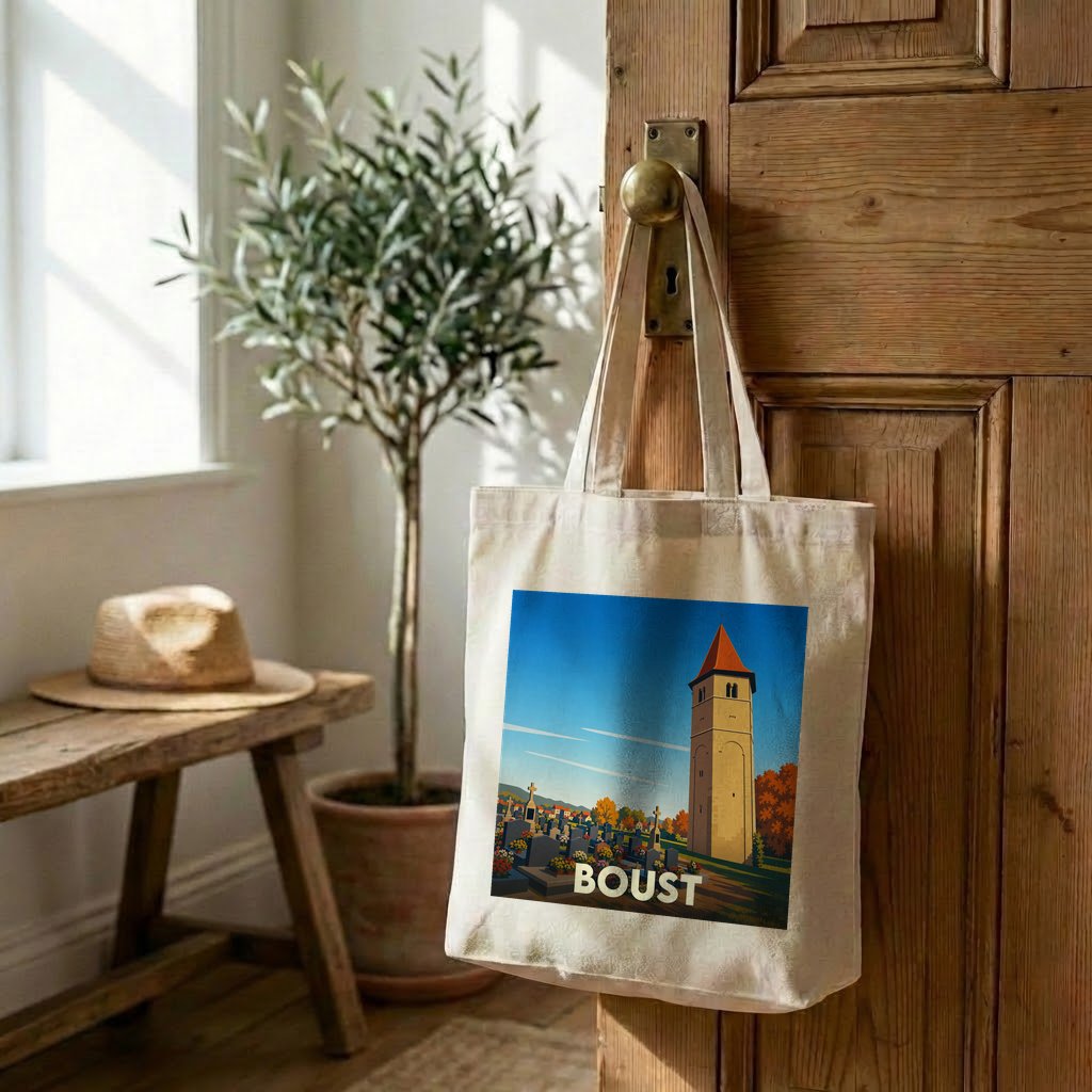 Tote bag souvenir de la ville de Boust avec une illustration stylisée.