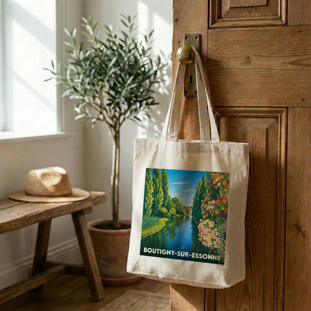 Tote bag souvenir de la ville de Boutigny-sur-Essonne avec une illustration stylisée.
