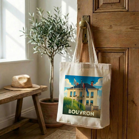 Tote bag souvenir de la ville de Bouvron avec une illustration stylisée.