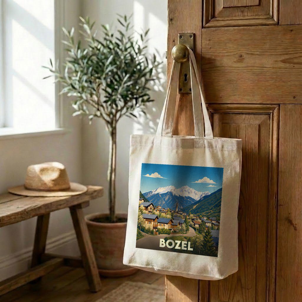 Tote bag souvenir de la ville de Bozel avec une illustration stylisée de montagnes.