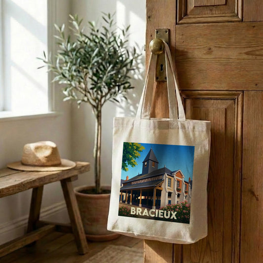 Tote bag souvenir de la ville de Bracieux avec une illustration stylisée.