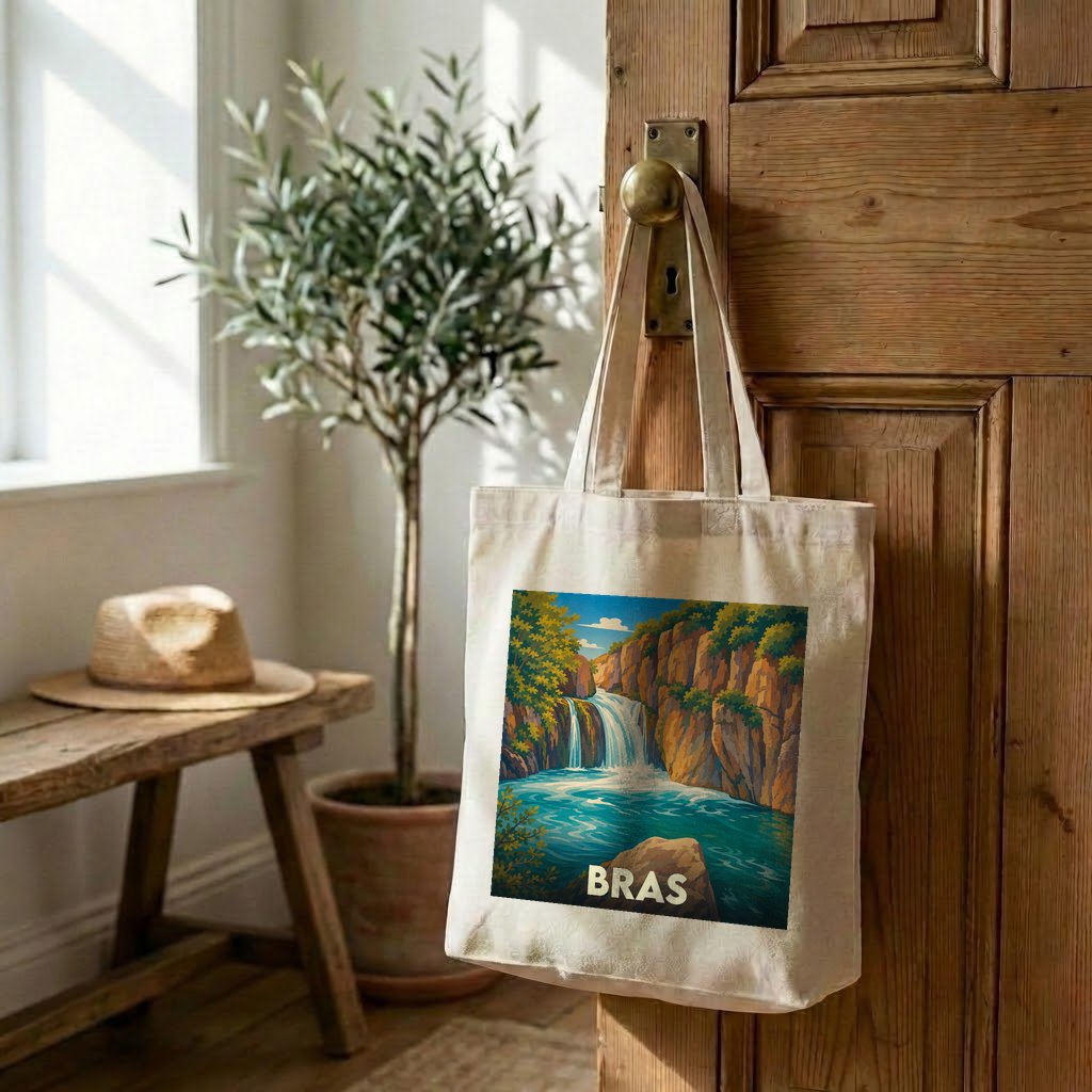 Tote bag souvenir de la ville de Bras avec une illustration de cascade.