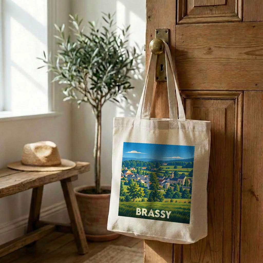 Tote bag souvenir de la ville de Brassy avec une illustration stylisée de son paysage rural.