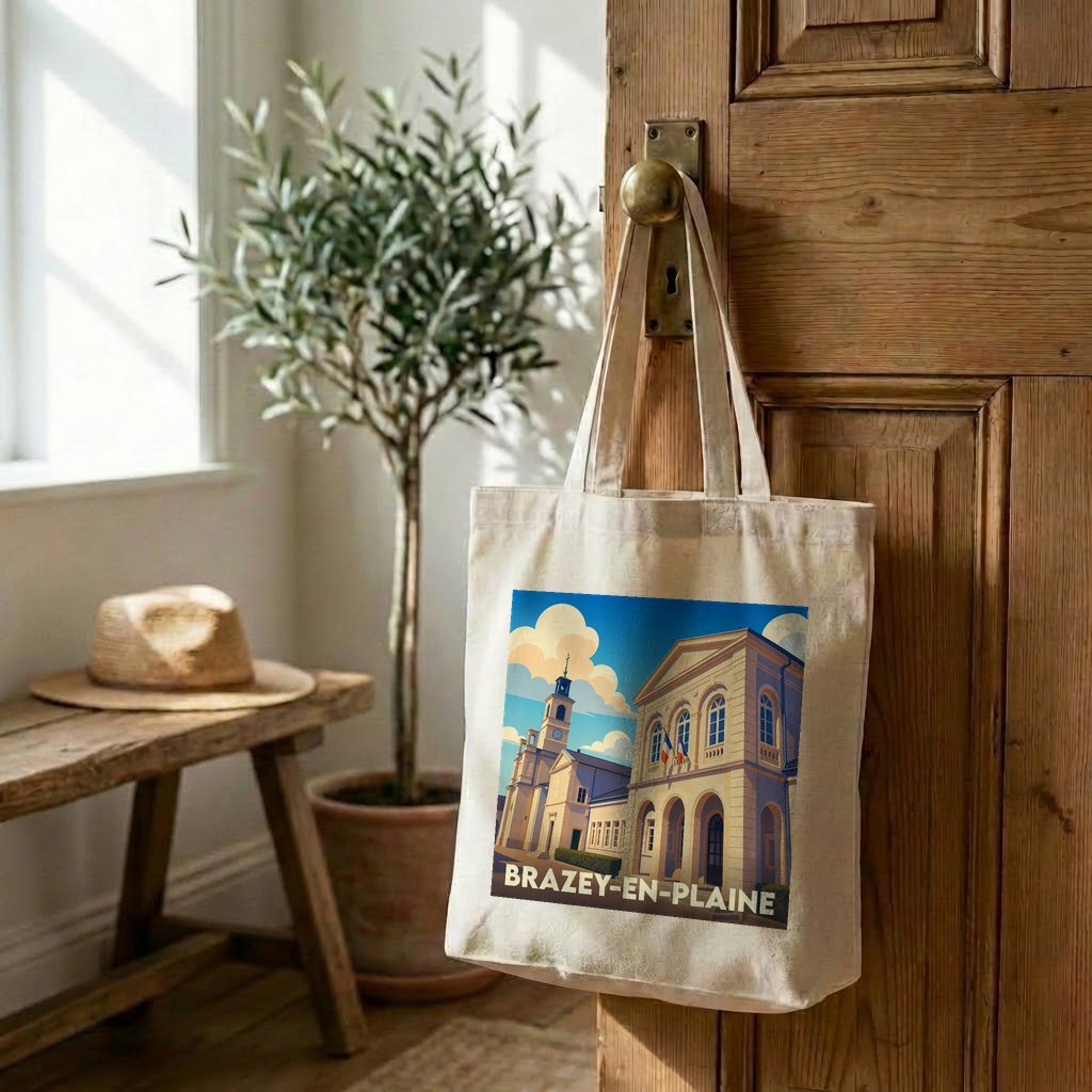 Tote bag souvenir de la ville de Brazey-en-Plaine avec une illustration stylisée.