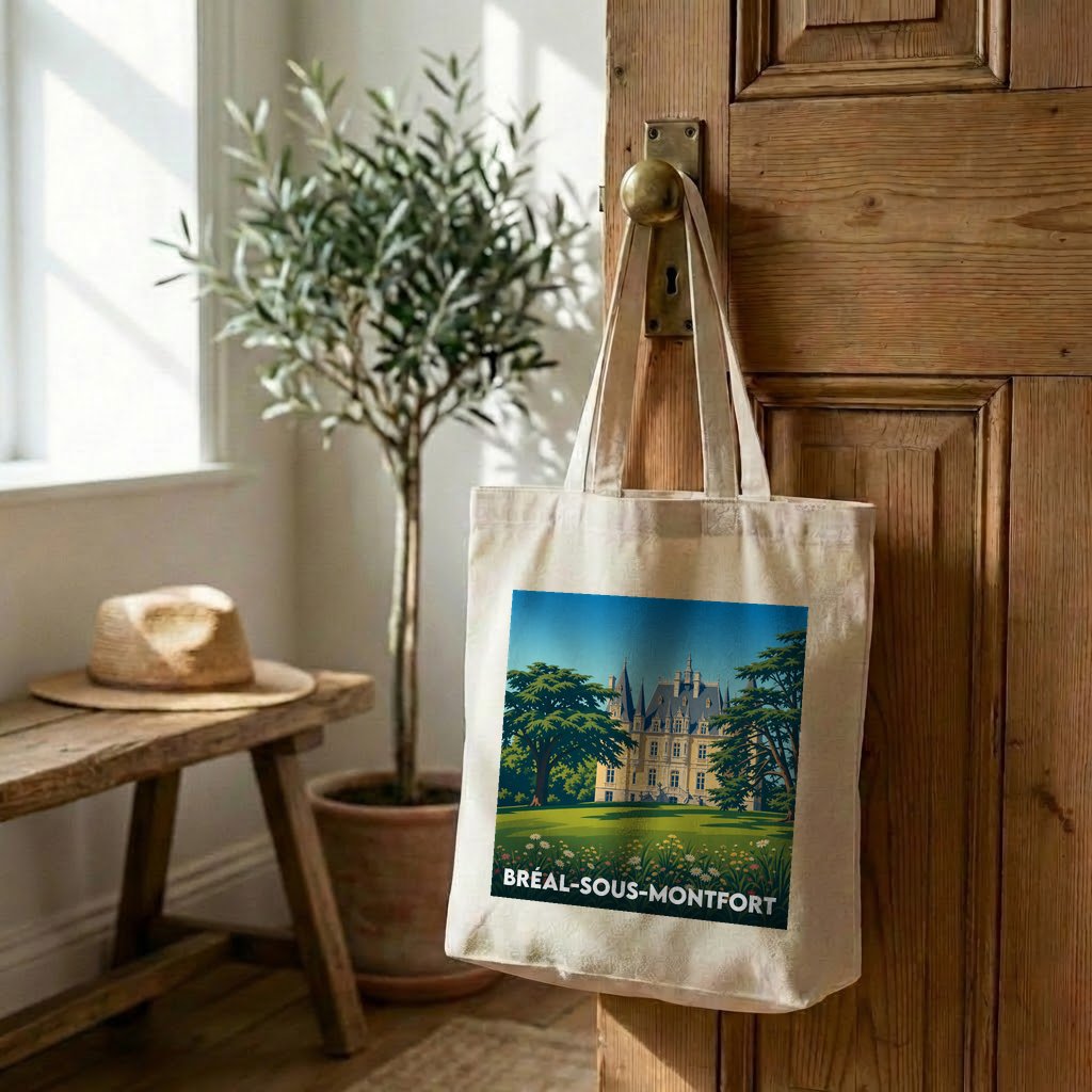 Tote bag souvenir de la ville de Bréal-sous-Montfort avec une illustration stylisée de son château.