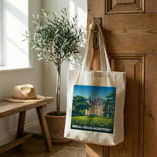 Tote bag souvenir de la ville de Bréal-sous-Montfort avec une illustration stylisée de son château.
