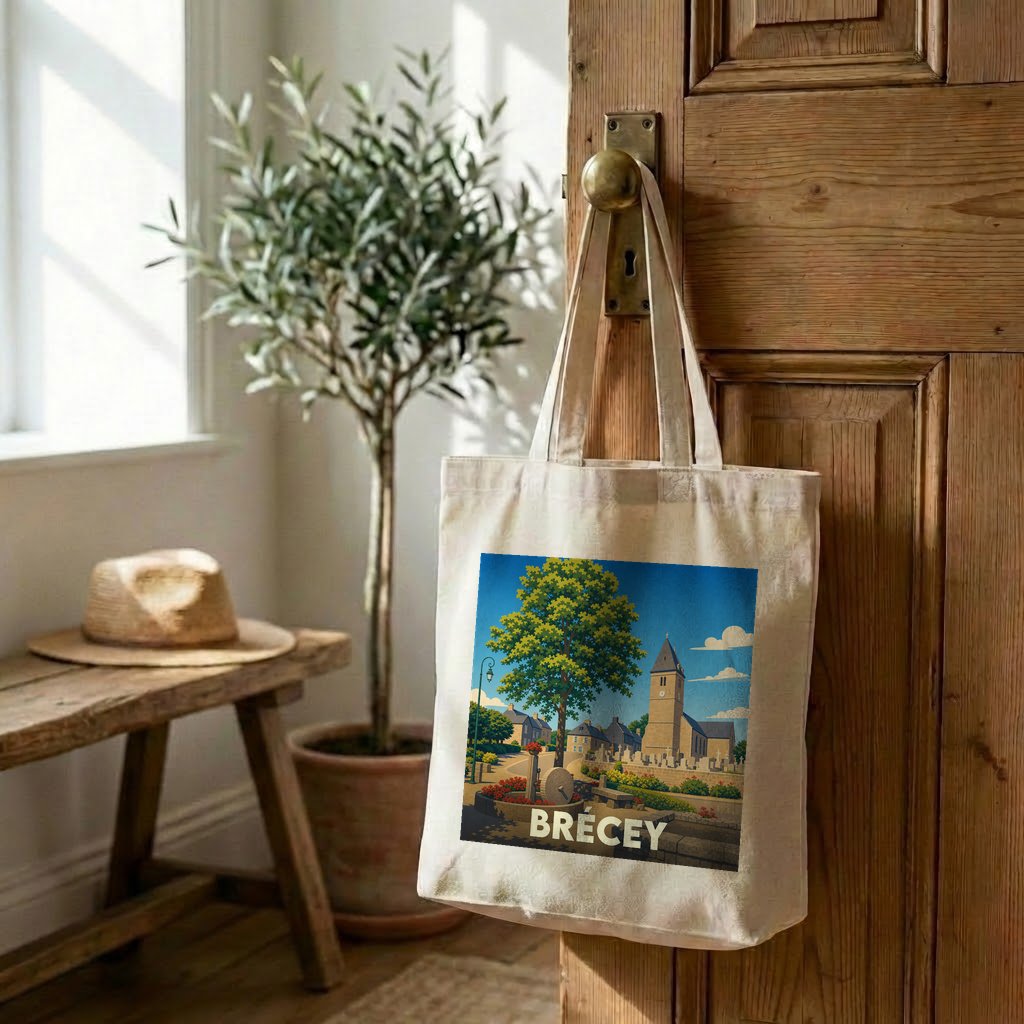 Tote bag souvenir de la ville de Brécey avec une illustration stylisée d'un paysage urbain.