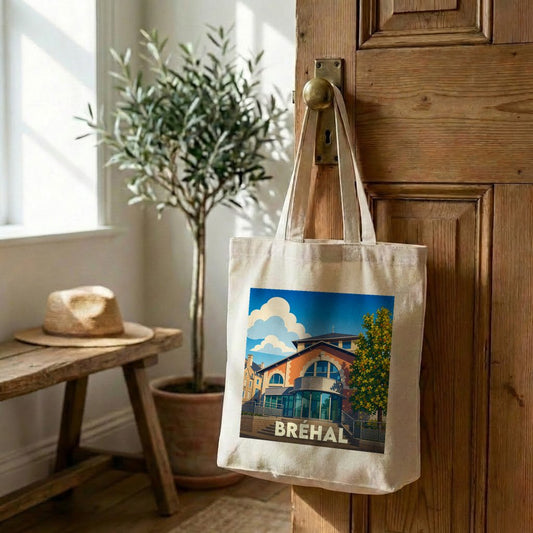 Sac cabas souvenir de la ville de Bréhal avec une illustration stylisée.