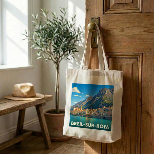 Tote bag souvenir de la ville de Breil-sur-Roya avec une illustration stylisée d'un paysage de montagne et de rivière.