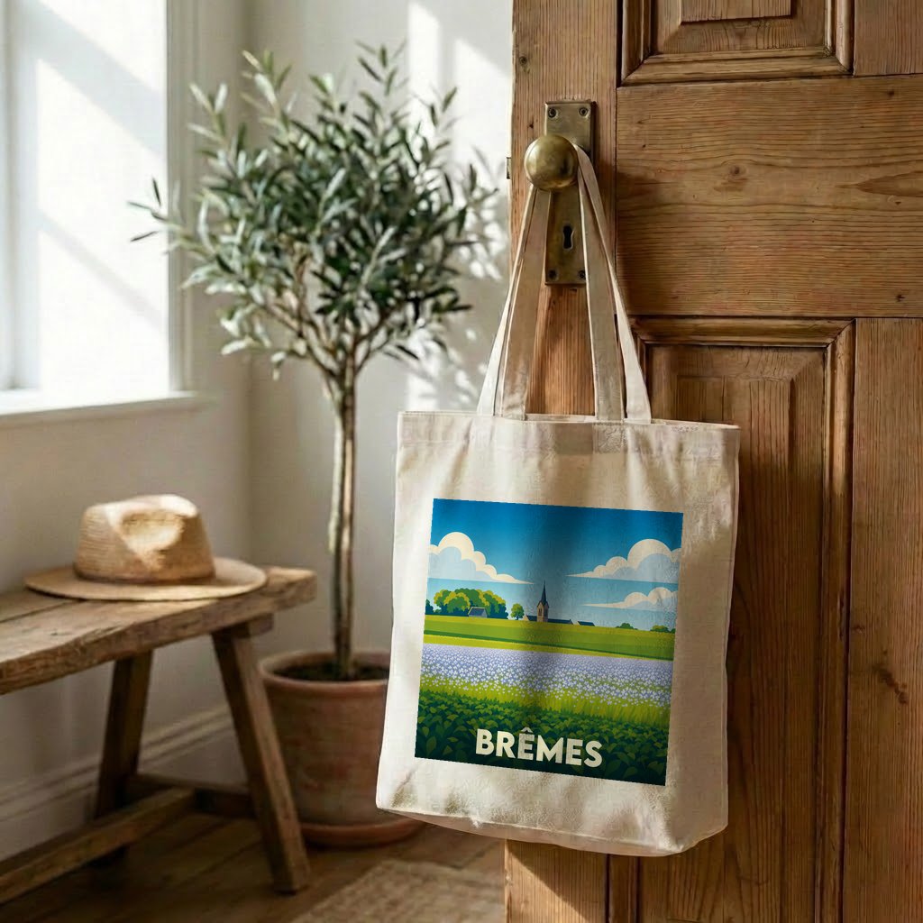 Tote bag souvenir de la ville de Brêmes avec une illustration de paysage champêtre stylisée.