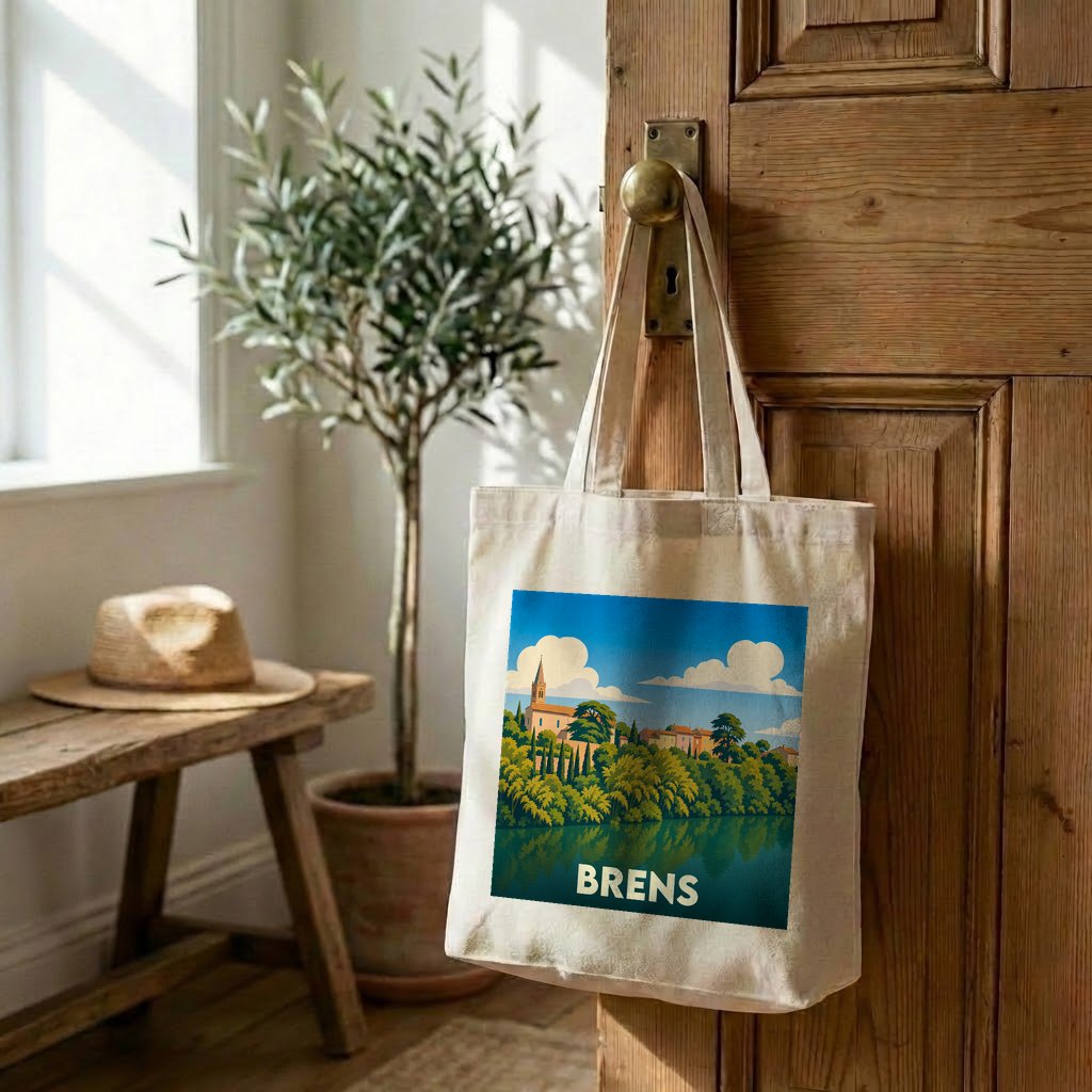 Tote bag souvenir de la ville de Brens avec une illustration stylisée.