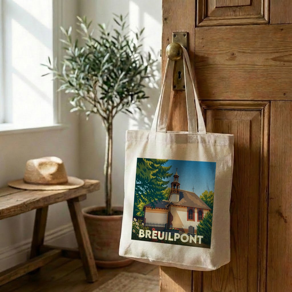 Tote bag souvenir de la ville de Breuilpont orné d'une illustration stylisée de son église.