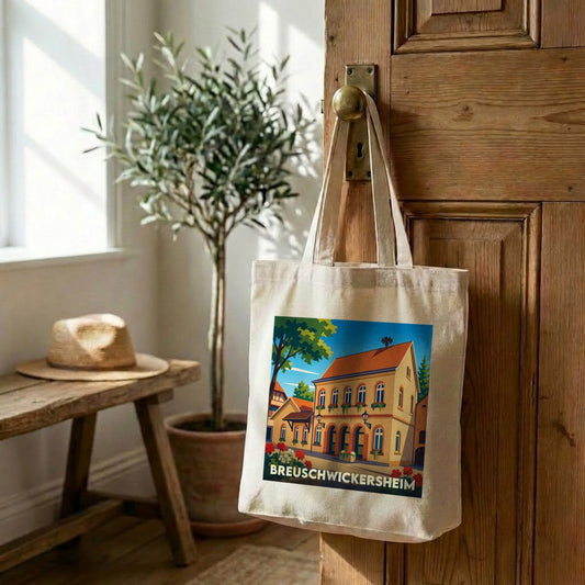 Sac cabas en toile souvenir de la ville de Breuschwickersheim avec une illustration stylisée d'un bâtiment traditionnel.