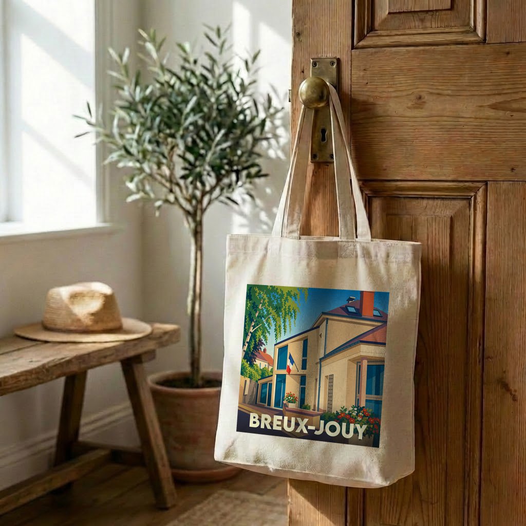 Tote bag souvenir de la ville de Breux-Jouy avec une illustration stylisée.