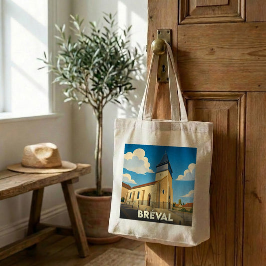 Tote bag souvenir de la ville de Bréval orné d'une illustration stylisée de son église.