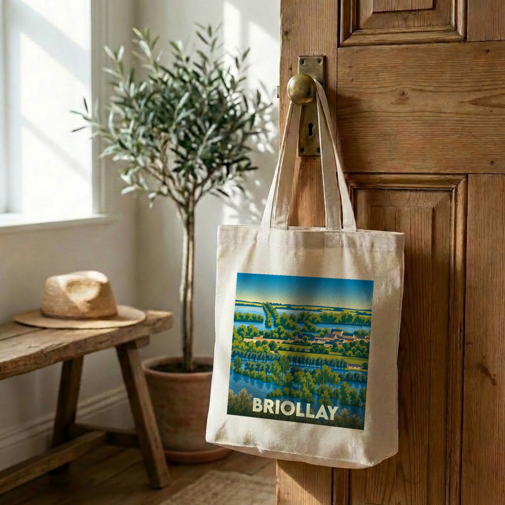 Tote bag souvenir de la ville de Briollay avec une illustration paysagère stylisée.