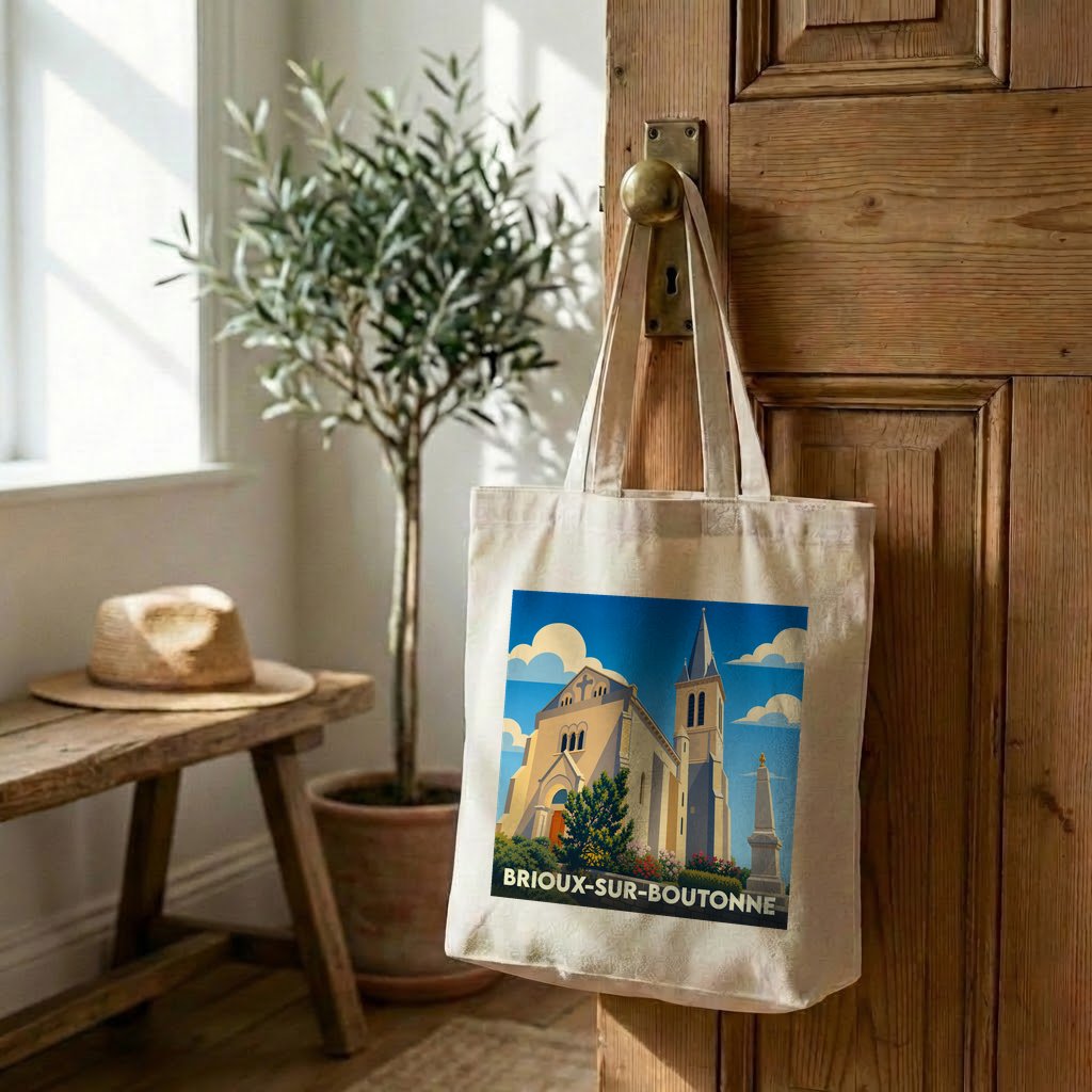 Tote bag souvenir de la ville de Brioux-sur-Boutonne avec une illustration stylisée de son église.