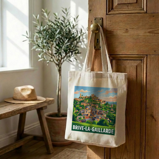 Tote bag souvenir de la ville de Brive-la-Gaillarde avec une illustration stylisée du paysage urbain.