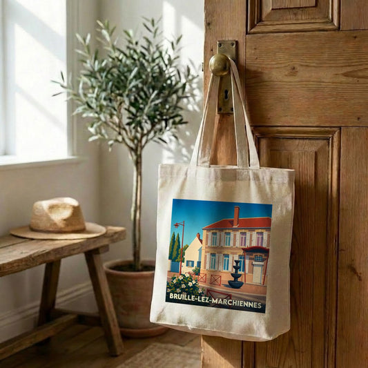 Tote bag souvenir de la ville de Bruille-lez-Marchiennes avec une illustration stylisée.