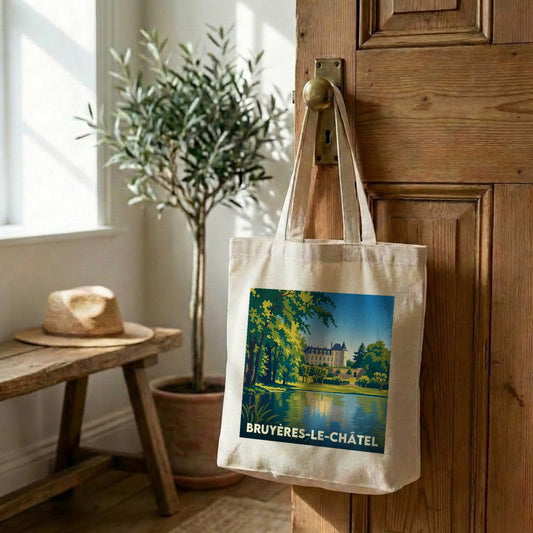 Tote bag souvenir de la ville de Bruyères-le-Châtel avec une illustration stylisée.